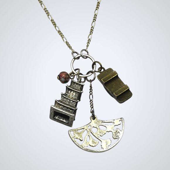 VTG Charm Necklace Asian Theme Mixed Metal Pagoda Geta Sandal Fan Cloisonne Bead - Picture 3 of 9